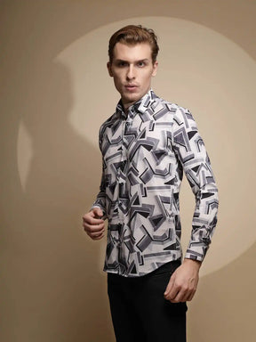 Black & White Abstract Print Full Sleeve Satin Lycra Shirt