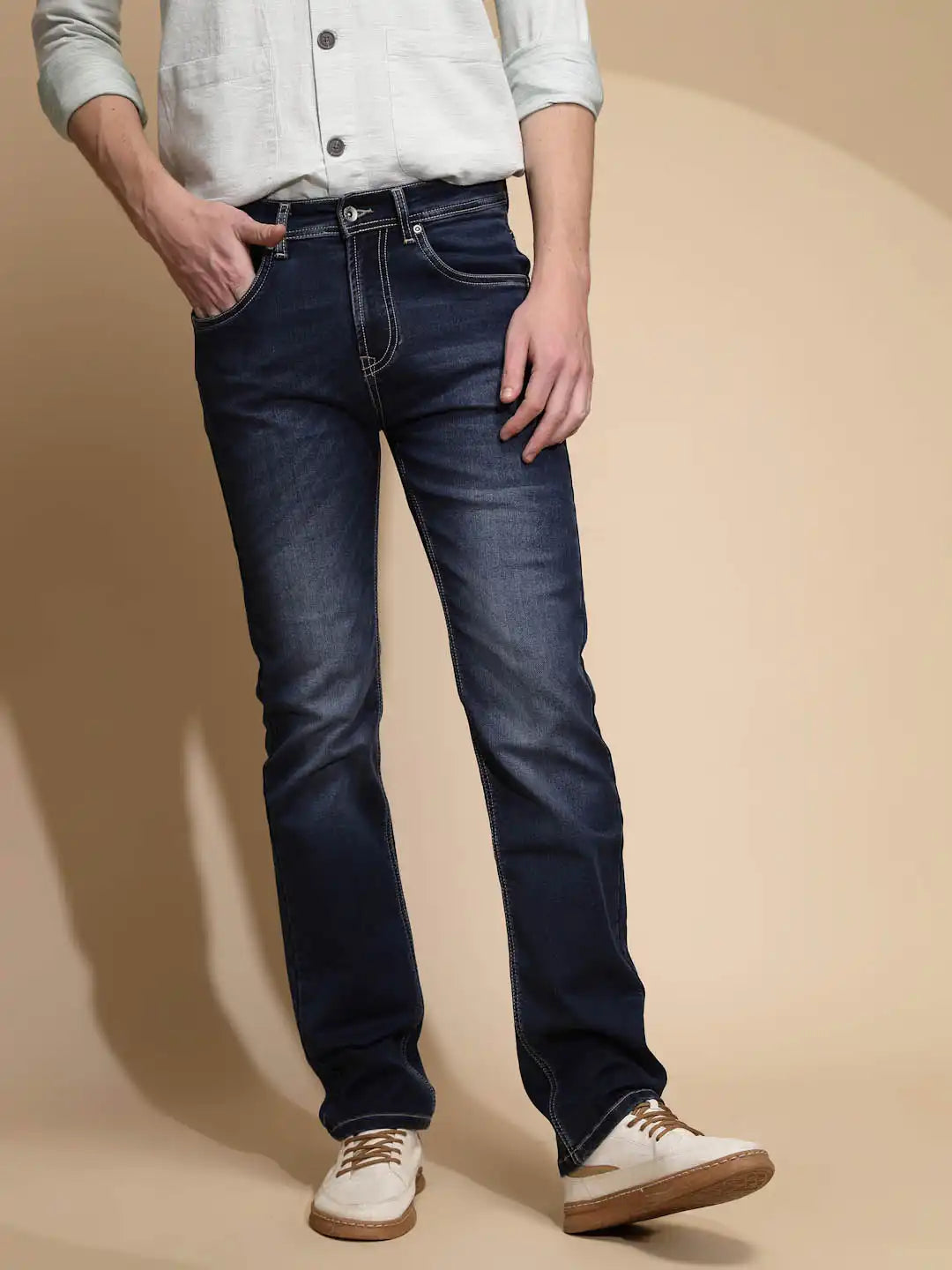 Solid Blue Mid Rise Straight Loose fit Jeans