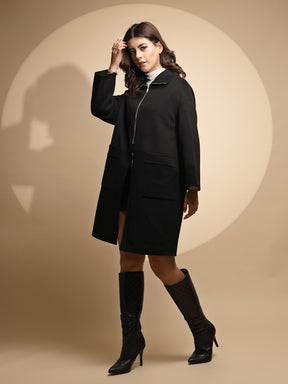 Women Black Solid Collared Neck Full Sleeve Woolen Coat - Global Republic
