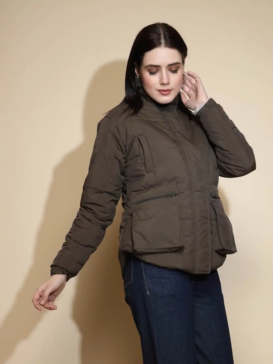 Olive Solid Puffer Jacket