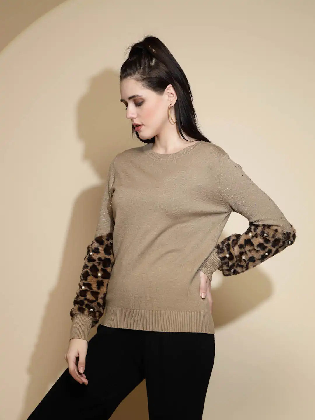 Brown Embellished Full Sleeve Round Neck Acrylic Pullover Sweater
