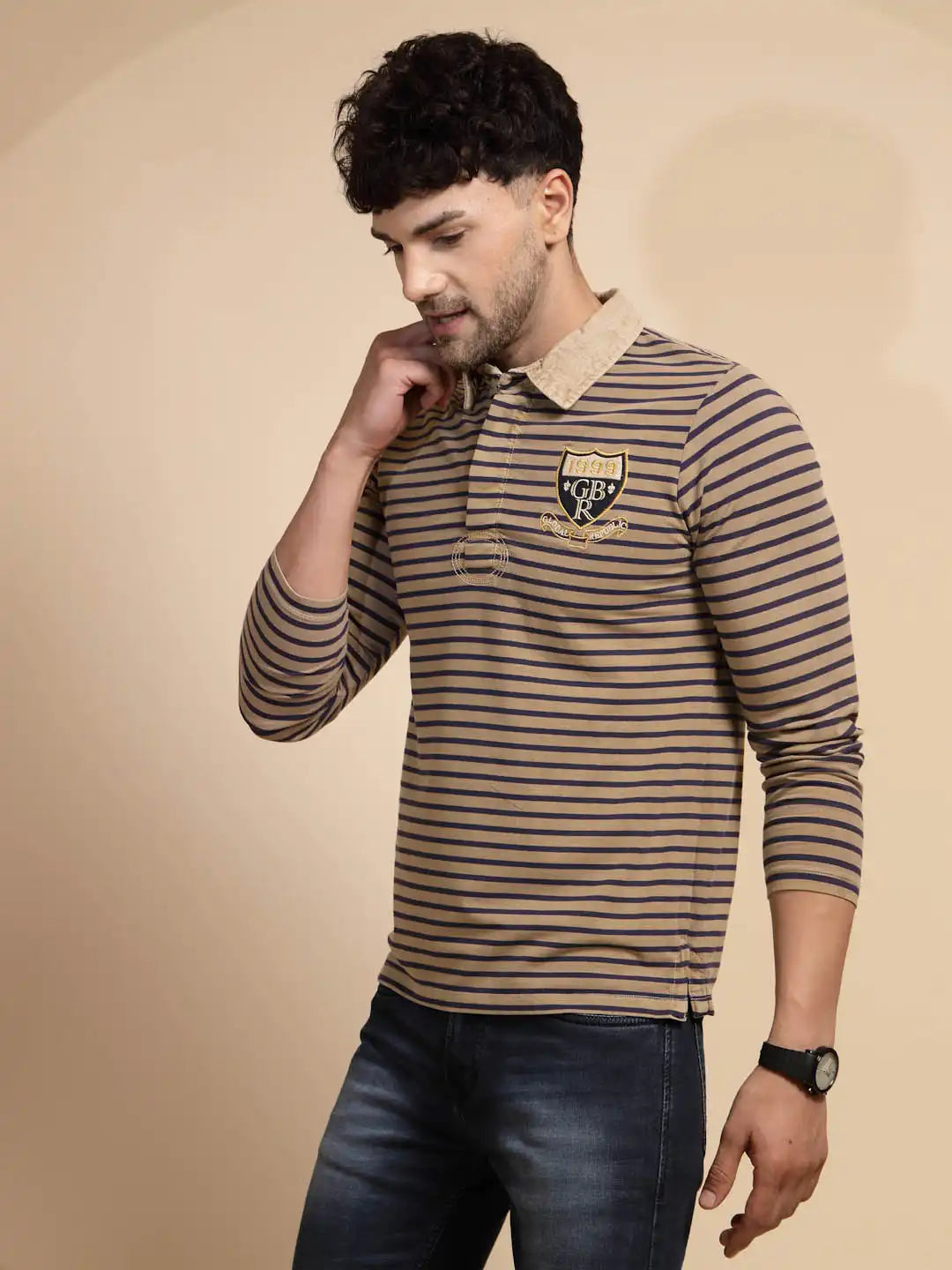 Brown Striped Three Fourth Sleeve T-Shirt