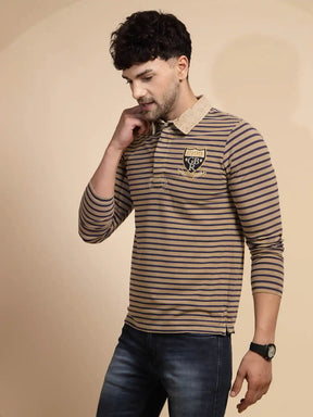 Brown Striped Three Fourth Sleeve Polyester T-Shirt