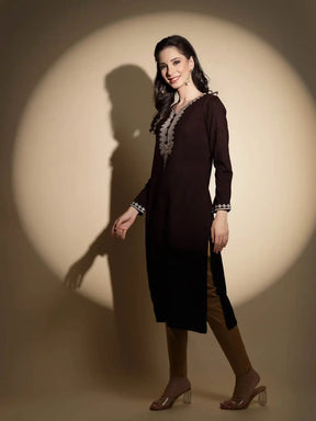 Wine Embroidered Full Sleeve Raglan Cut Crew Neck Woolen Kurta