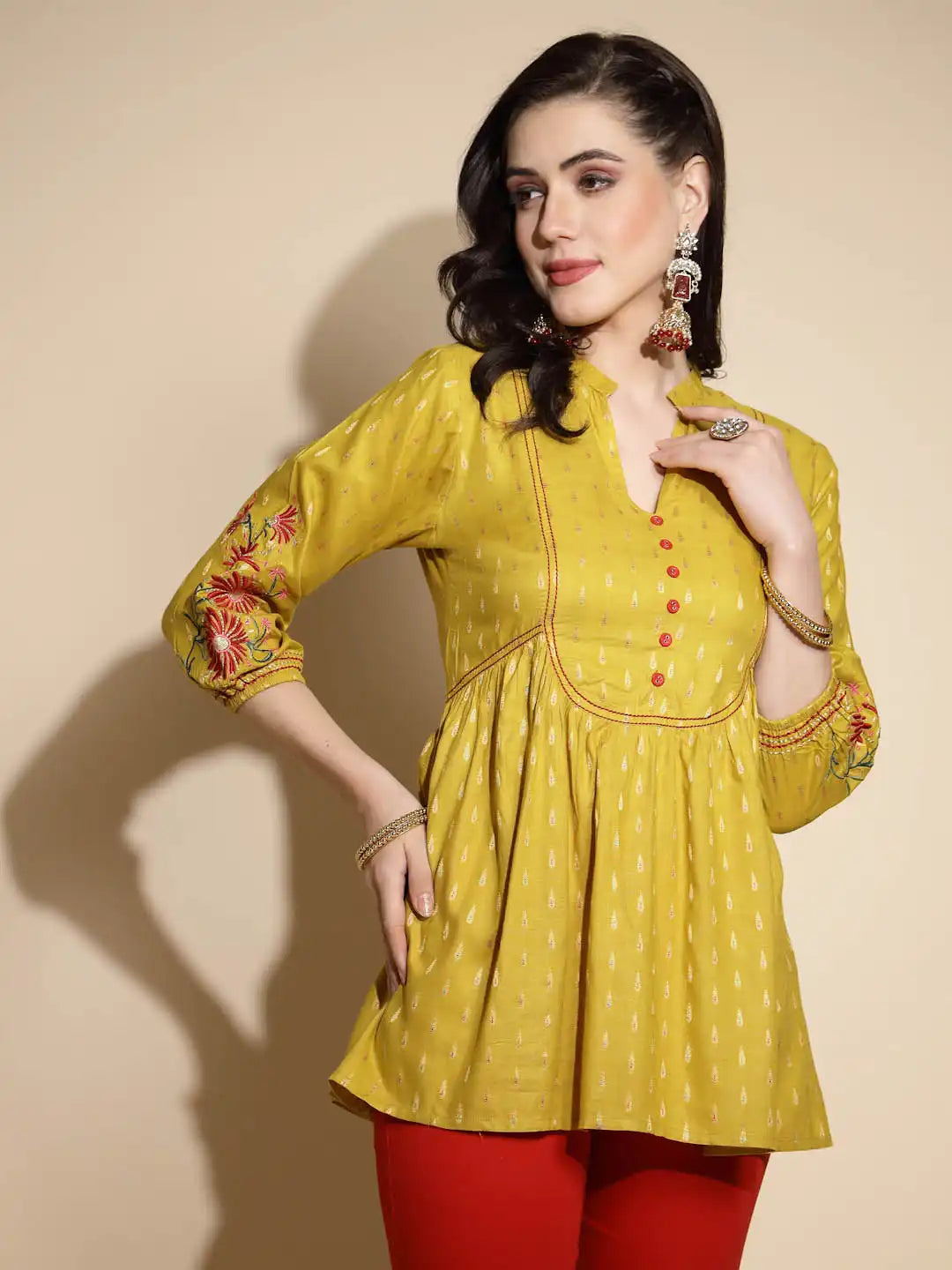 Mustard Embroidered Three Quarter Sleeves Mandarin Collar Tunic - Global Republic