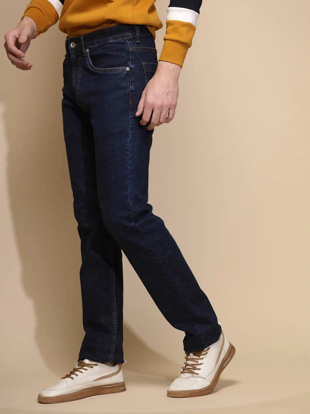 Dark Blue Solid Mid Rise Straight Fit Cotton Blend Full Length Jeans - Global Republic