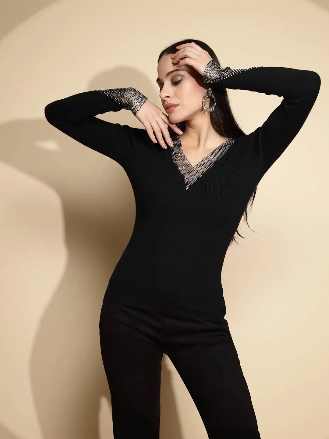 Black Embellished Full Sleeve V-Neck Casual Pullover - Global Republic