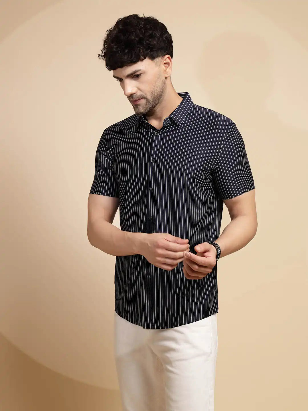 Blue Striped Half Sleeve Collared Neck Cotton Shirt - Global Republic