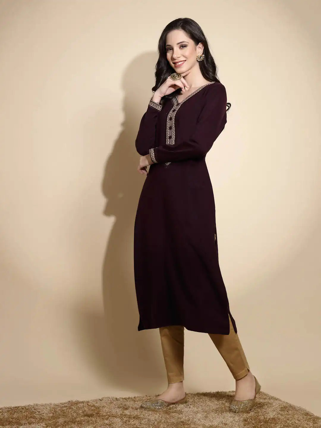 Wine Embroidered Full Sleeves Raglan Cut Crew Neck Woolen Kurta