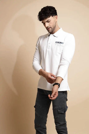 Solid White Full Sleeve Collared Neck Regular fit T-Shirt