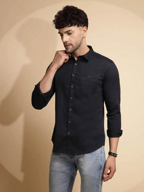 Blue Solid Full Sleeve Collar Neck Cotton Blend Shirt