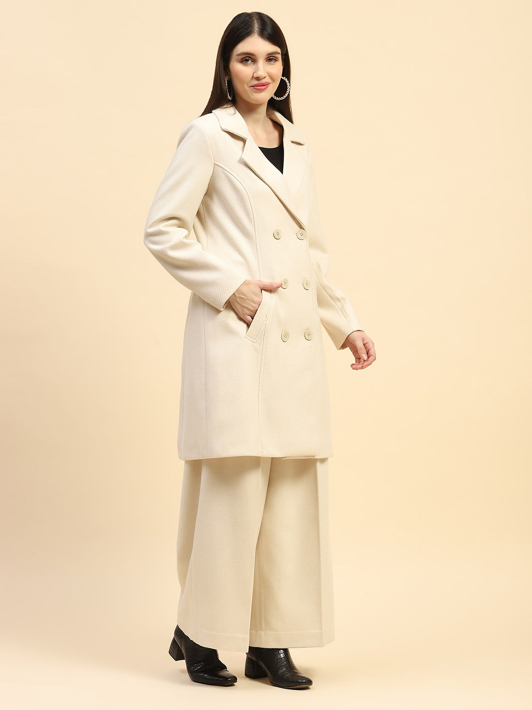 Cream Viscose Coat With Trouser Winter Set - Global Republic