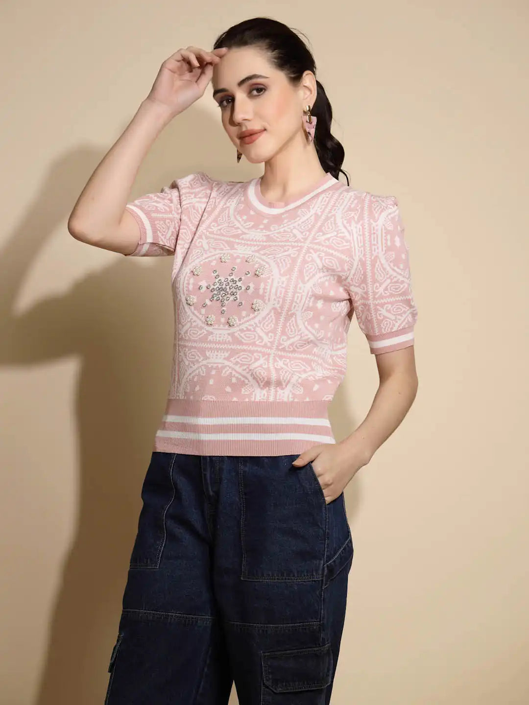 Pink Abstract Print Half Sleeve Crew Neck  Top - Global Republic