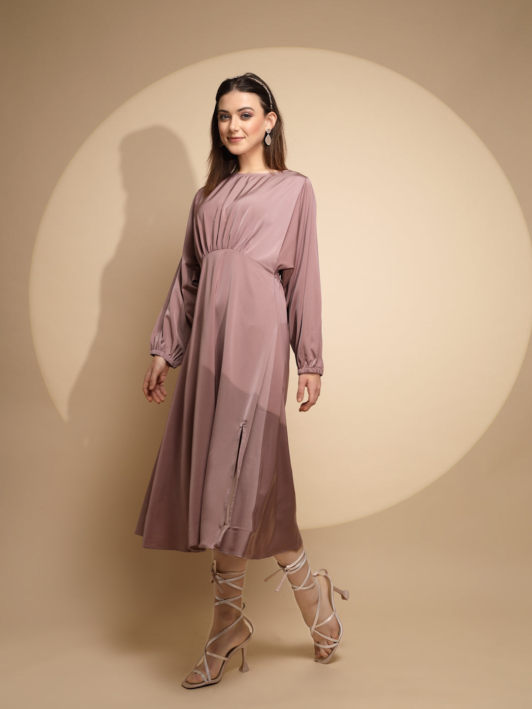 Dusty Nude Solid Satin Long Dress - Global Republic