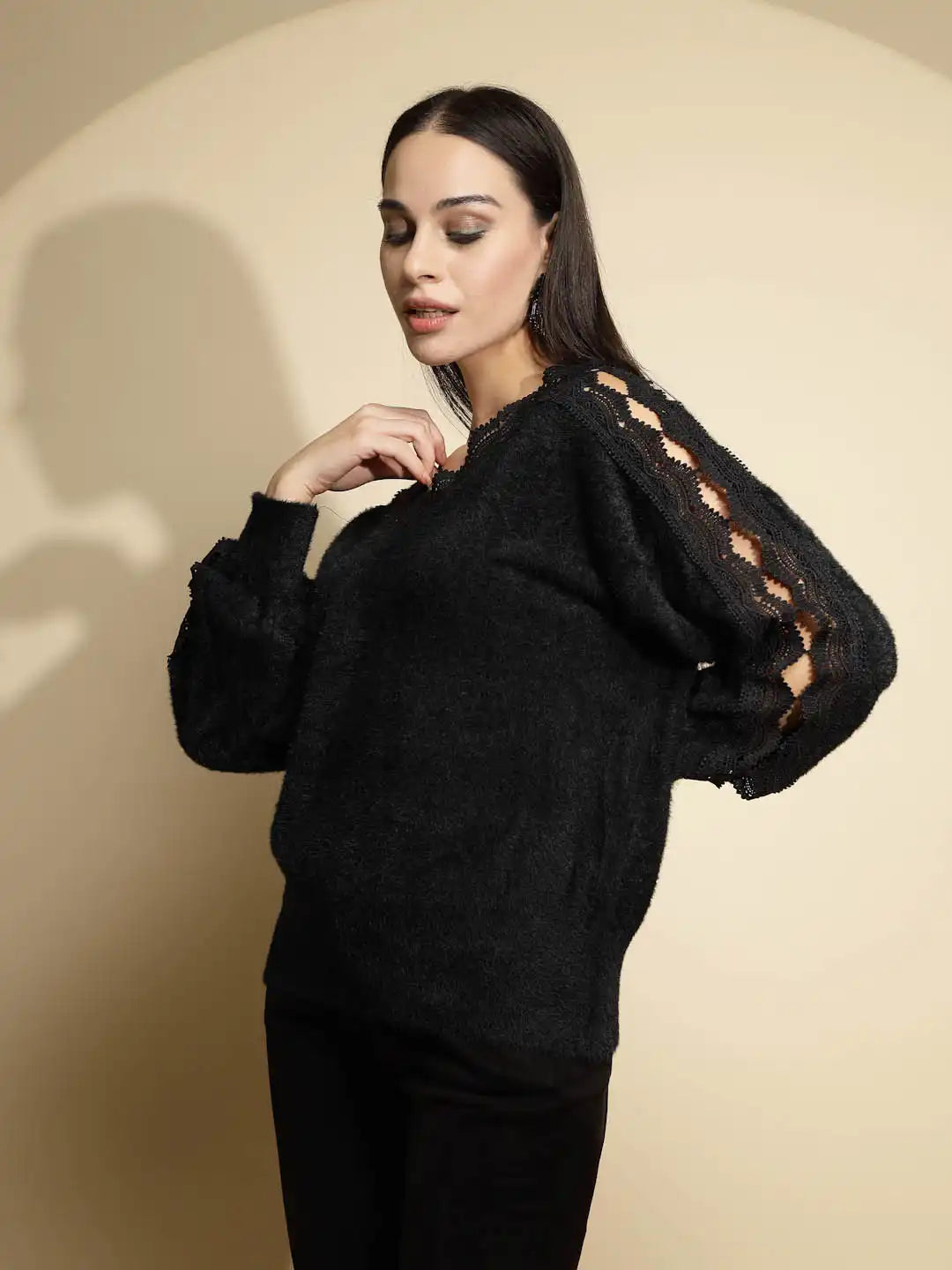 Black Embellished Full Sleeve V-Neck Acrylic Pullover