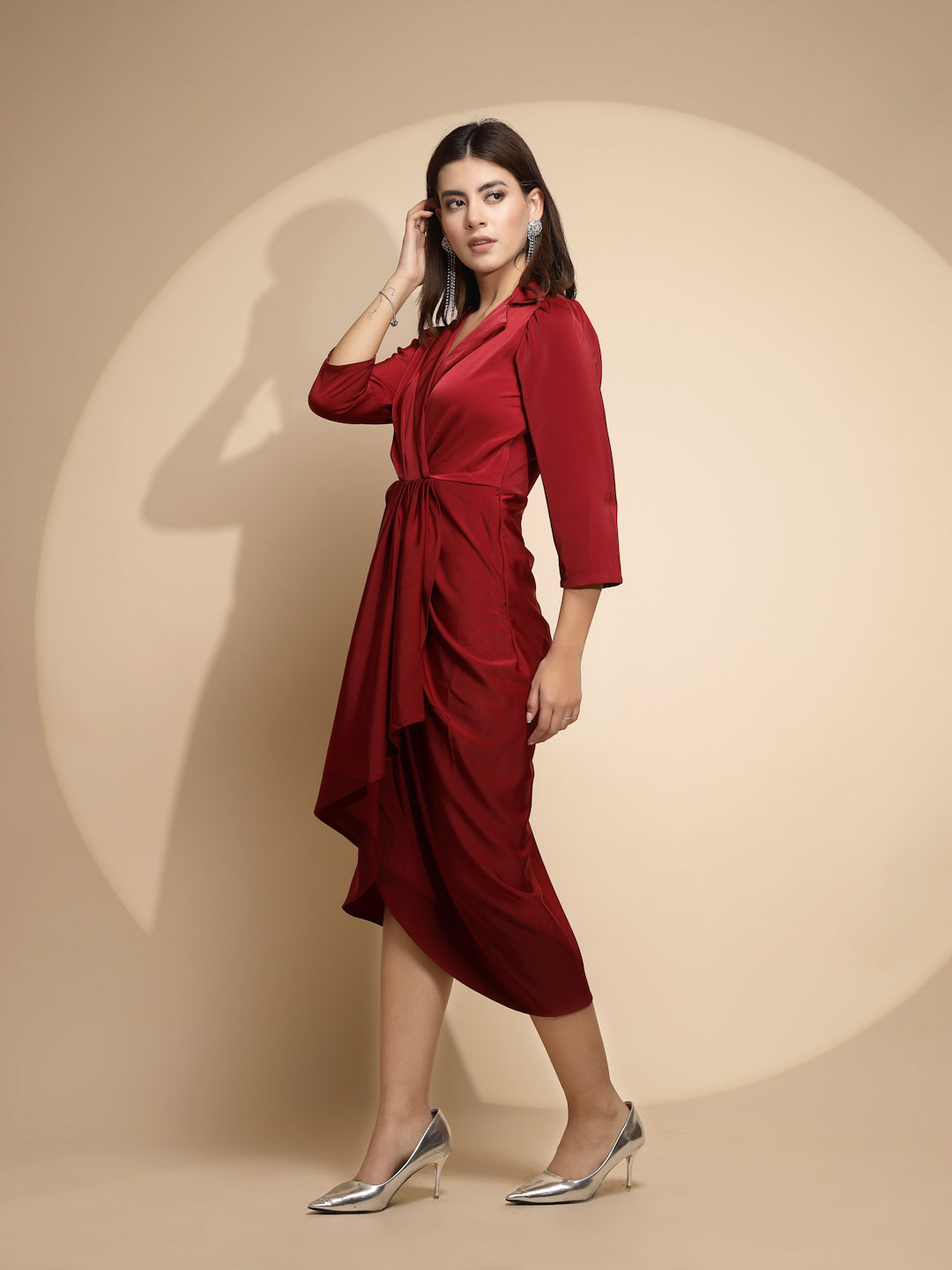 Maroon Solid Notch Collar Satin Dress - Global Republic