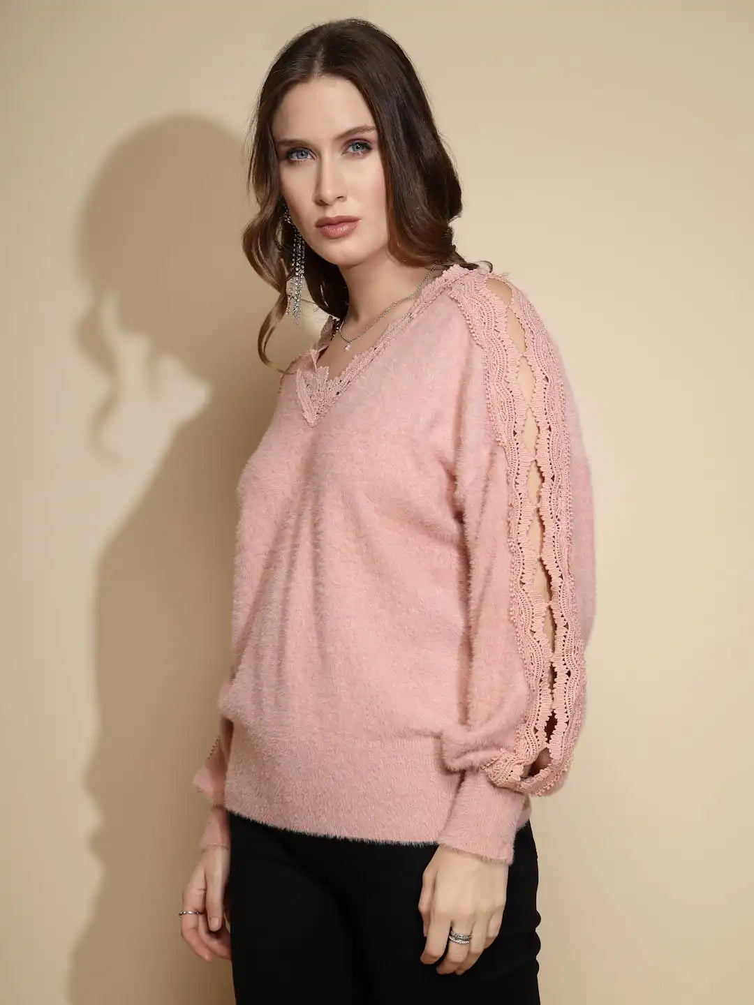 Pink Solid Full Sleeve V-Neck Acrylic Pullover
