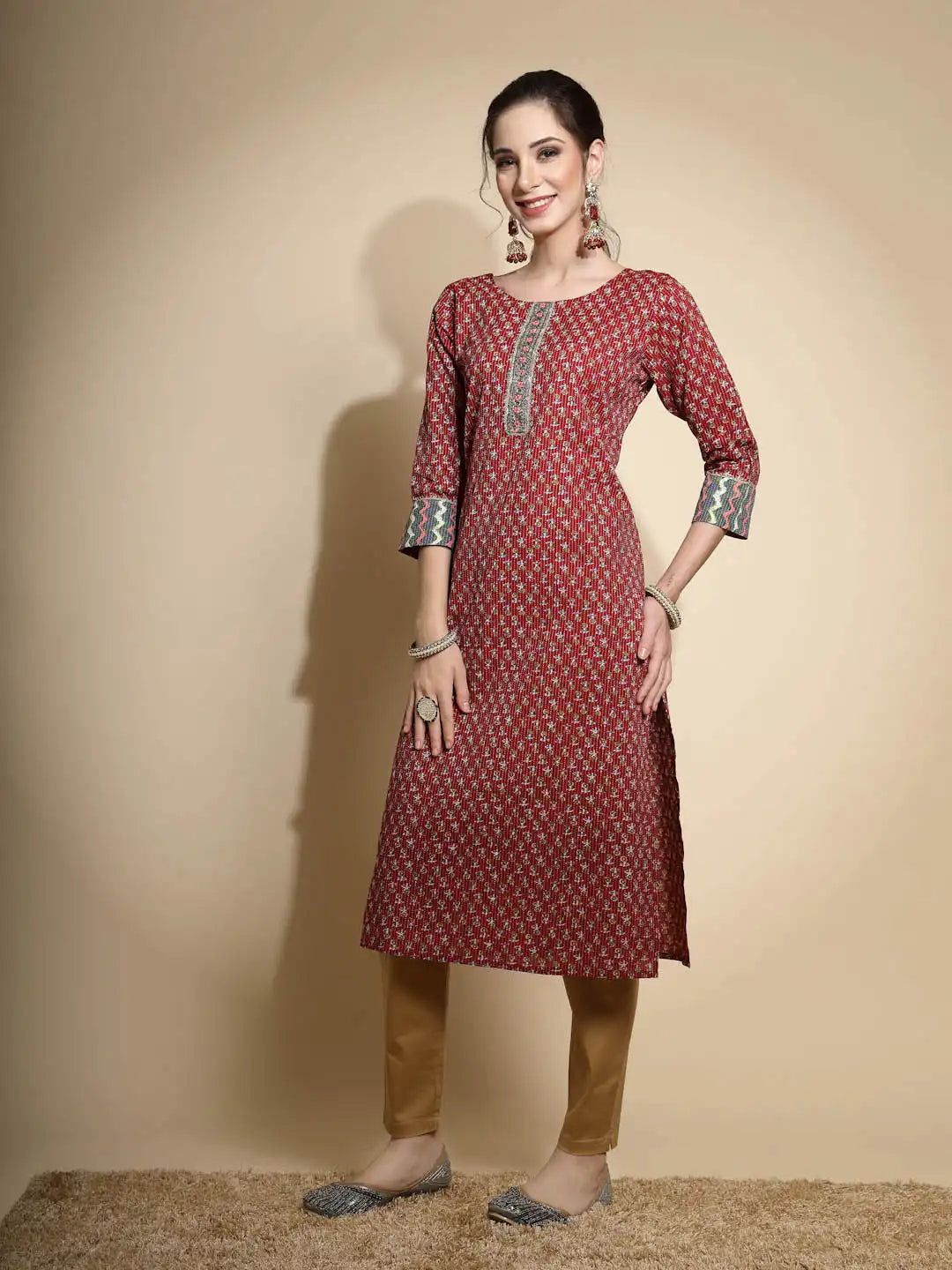 Maroon Printed Three Quarter Sleeves Round Neck Cotton Blend Kurta