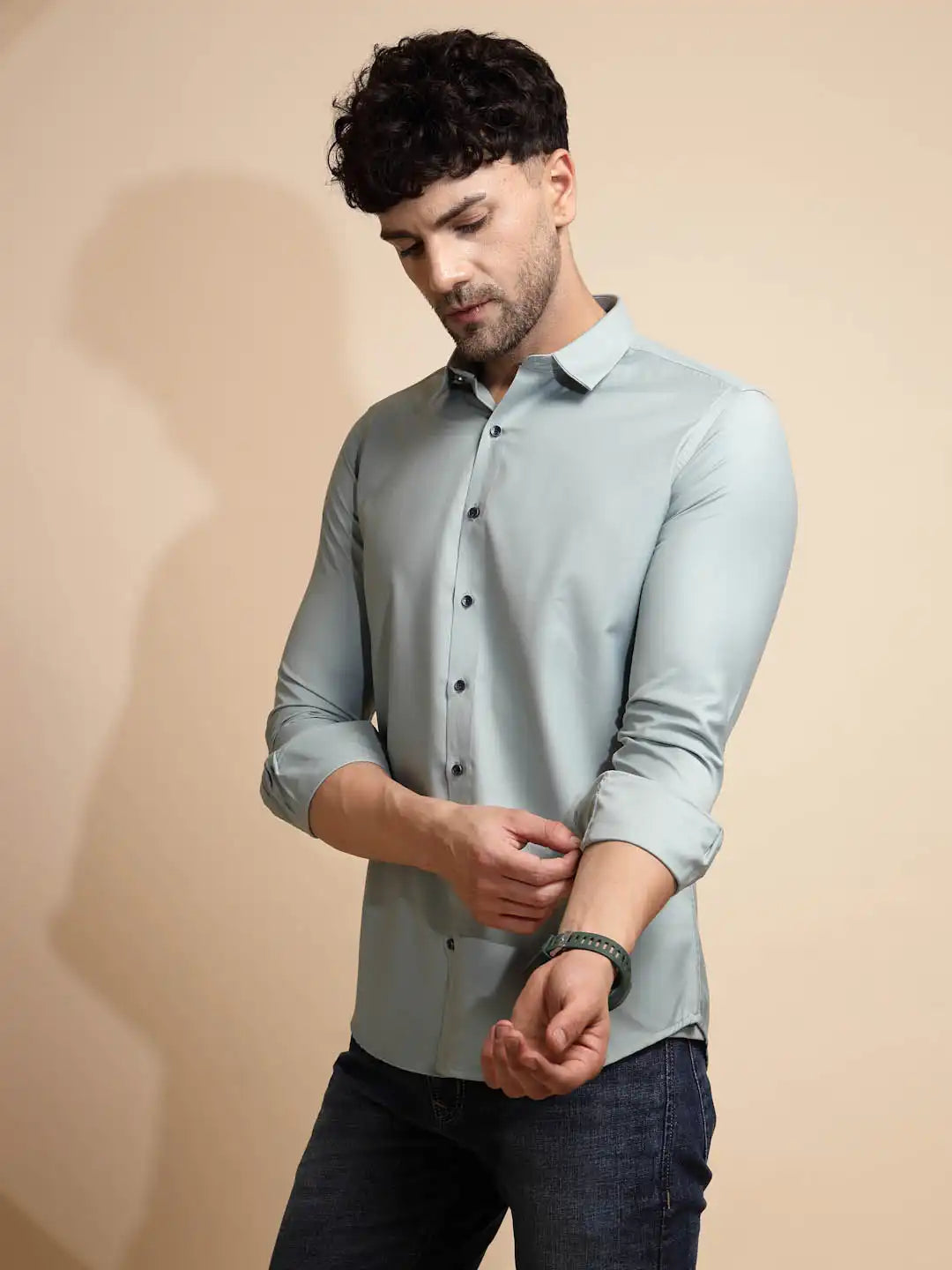 Blue Solid Full Sleeve Collar Neck Cotton Blend Shirt