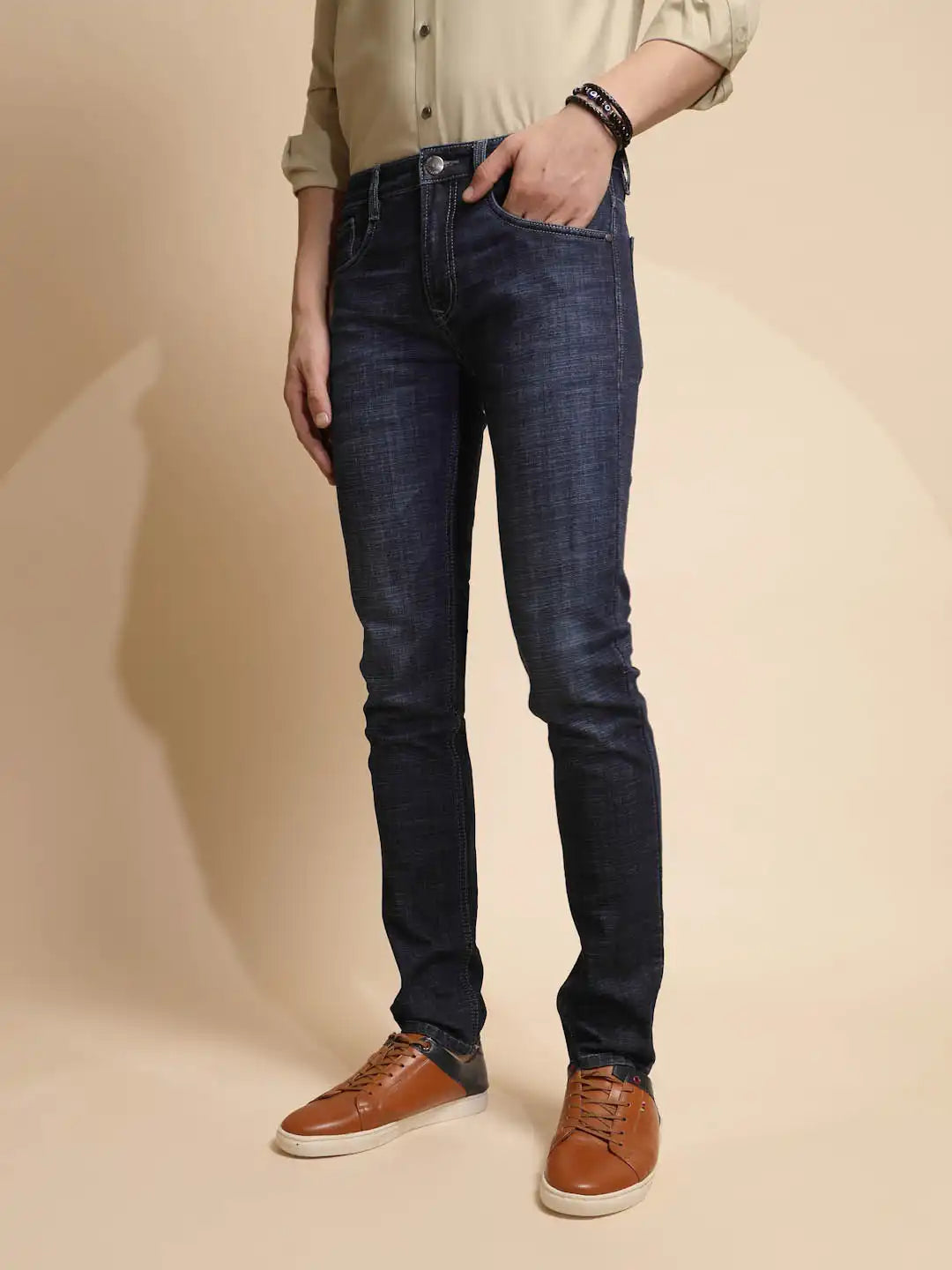 Dark Blue Solid Cotton Blend Jeans - Global Republic