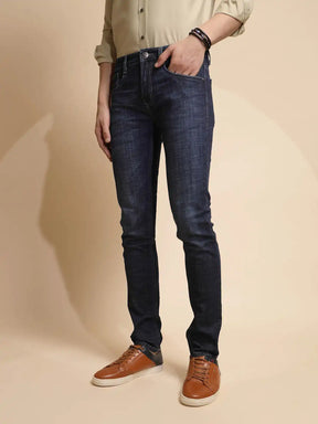 Dark Blue Solid Mid Rise Straight fit Denim Jeans