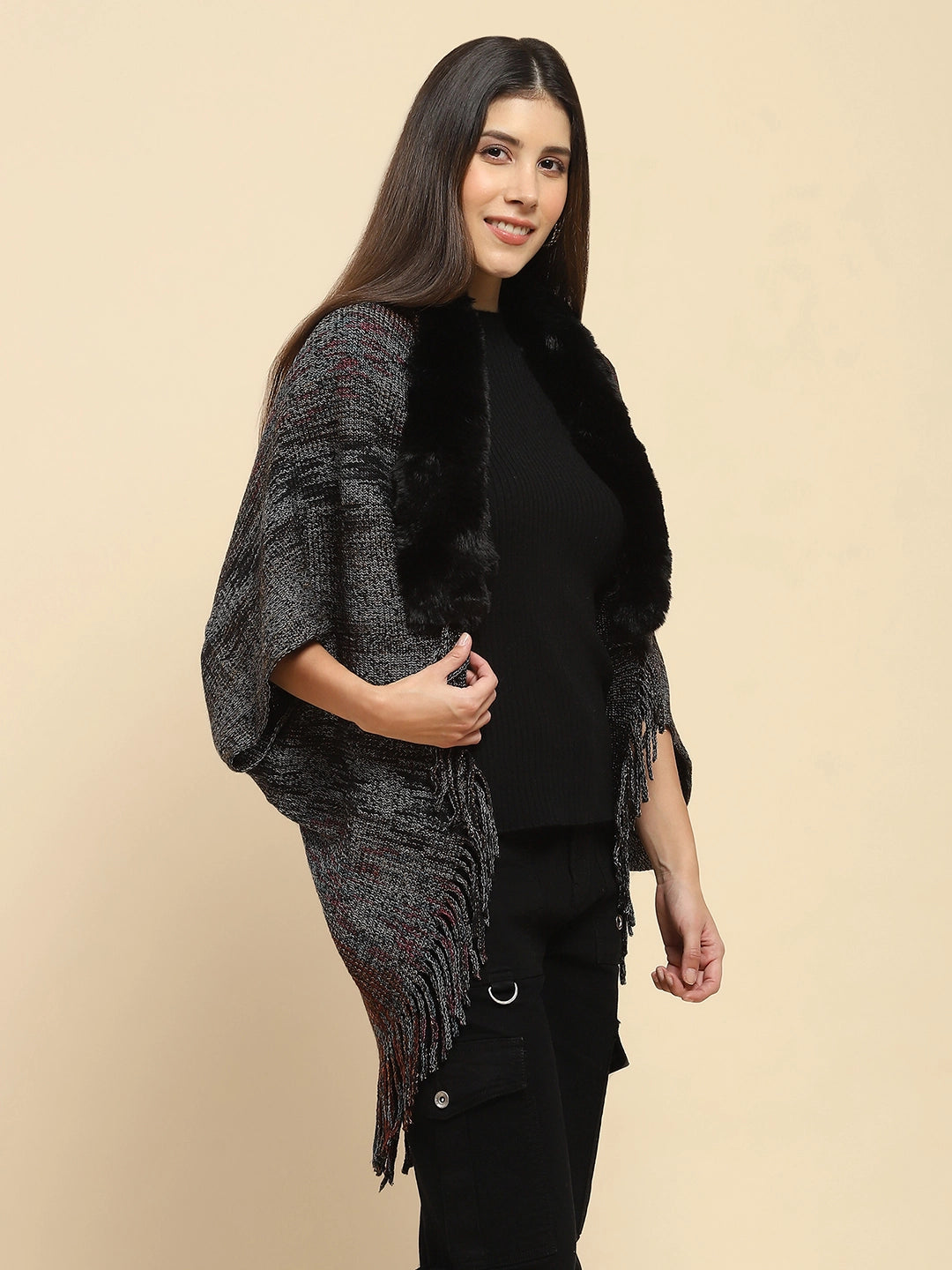 Black Mélange Acrylic Knitted Cape - Global Republic