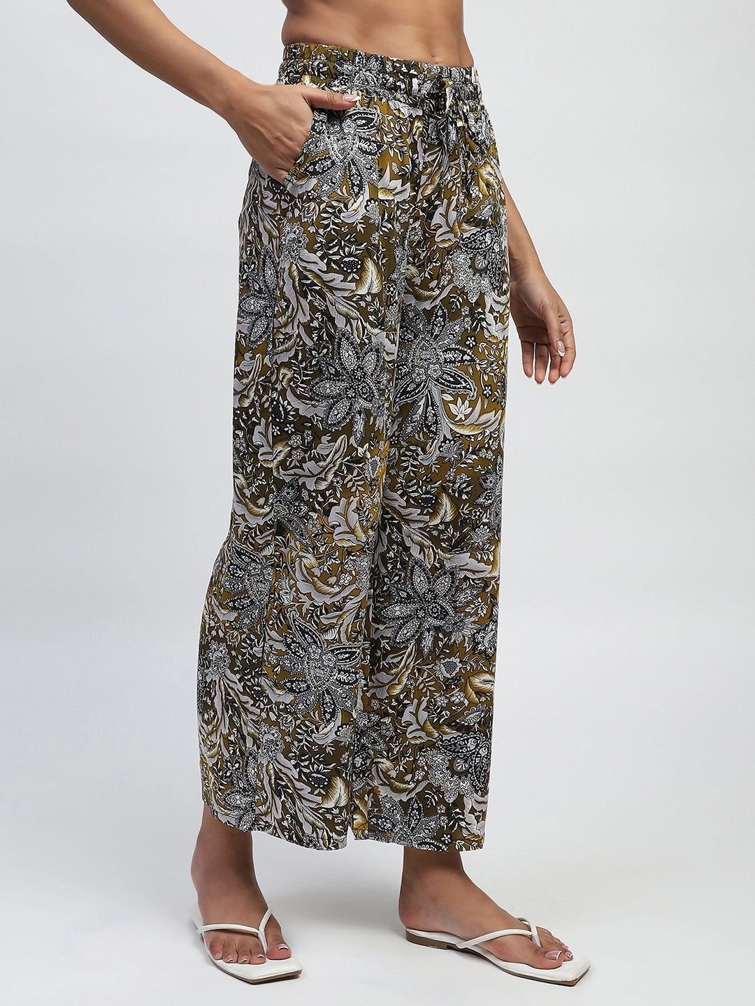 Olive Rayon Floral Nightsuit - Global Republic