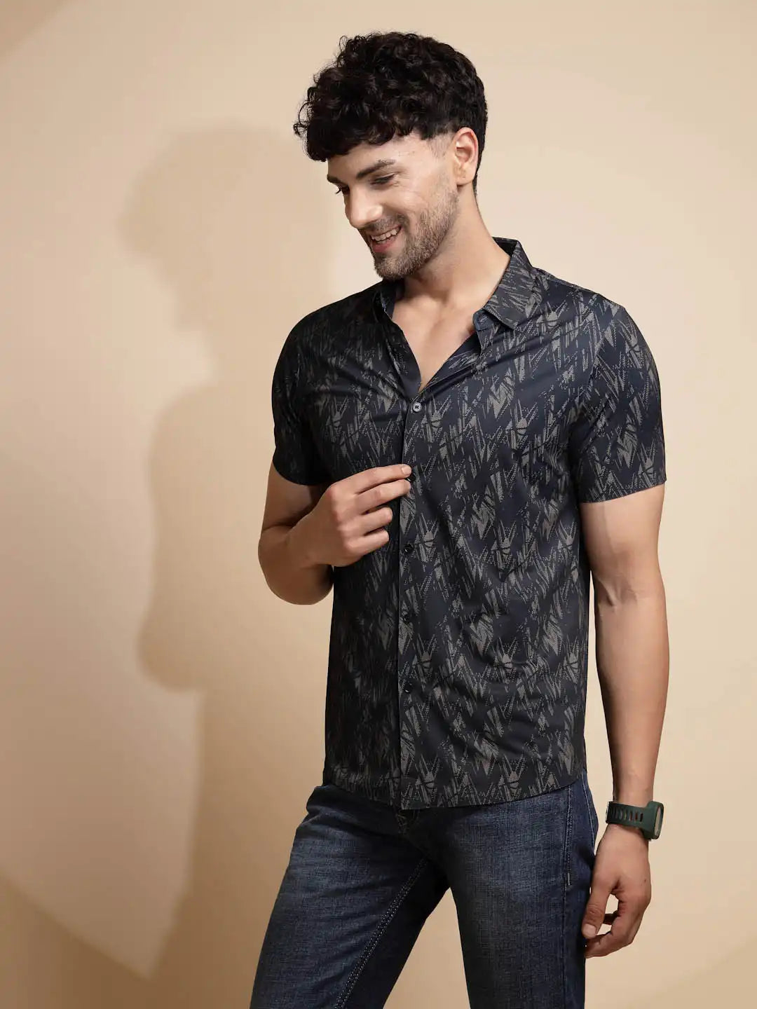Black Printed Half Sleeve Collared Neck Cotton Shirt