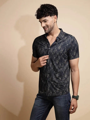 Black Printed Half Sleeve Collared Neck Cotton Shirt