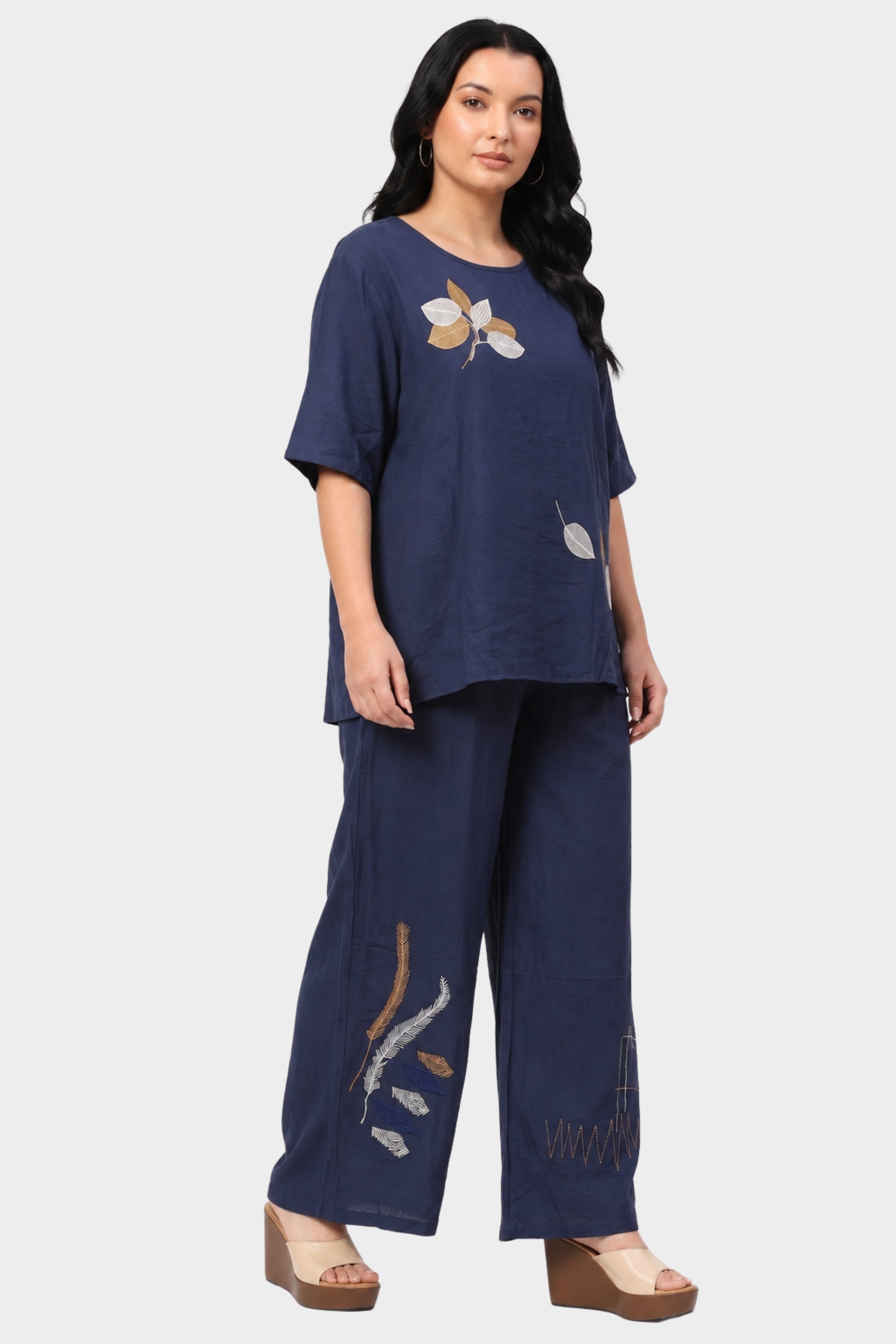 Navy Blue Leaf Embroidered Lounge Wear Set