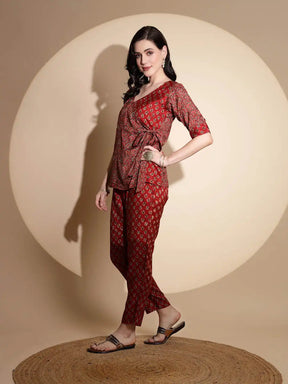 Red Embellished Cotton Tunic Set