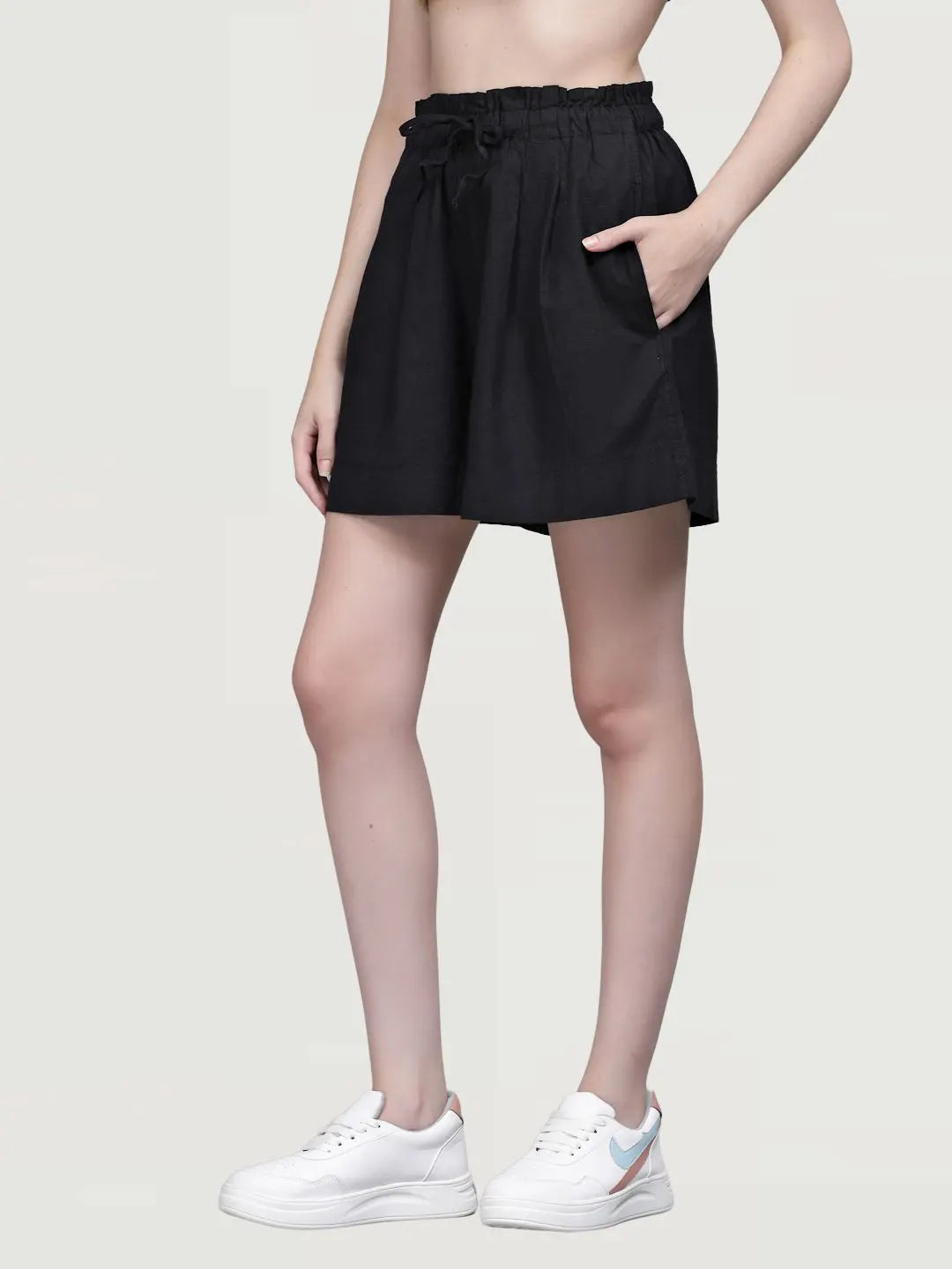 Black Linen Blend Relaxed Shorts - Global Republic