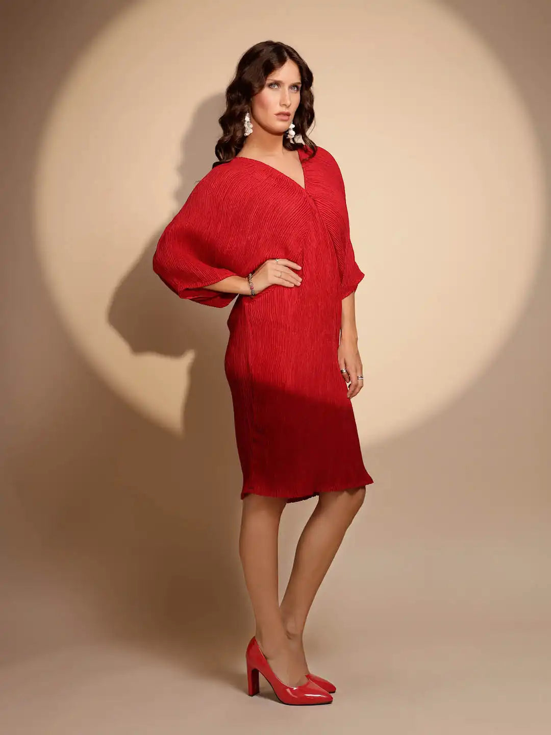 Women's Solid V-Neck Maroon Dress - Global Republic