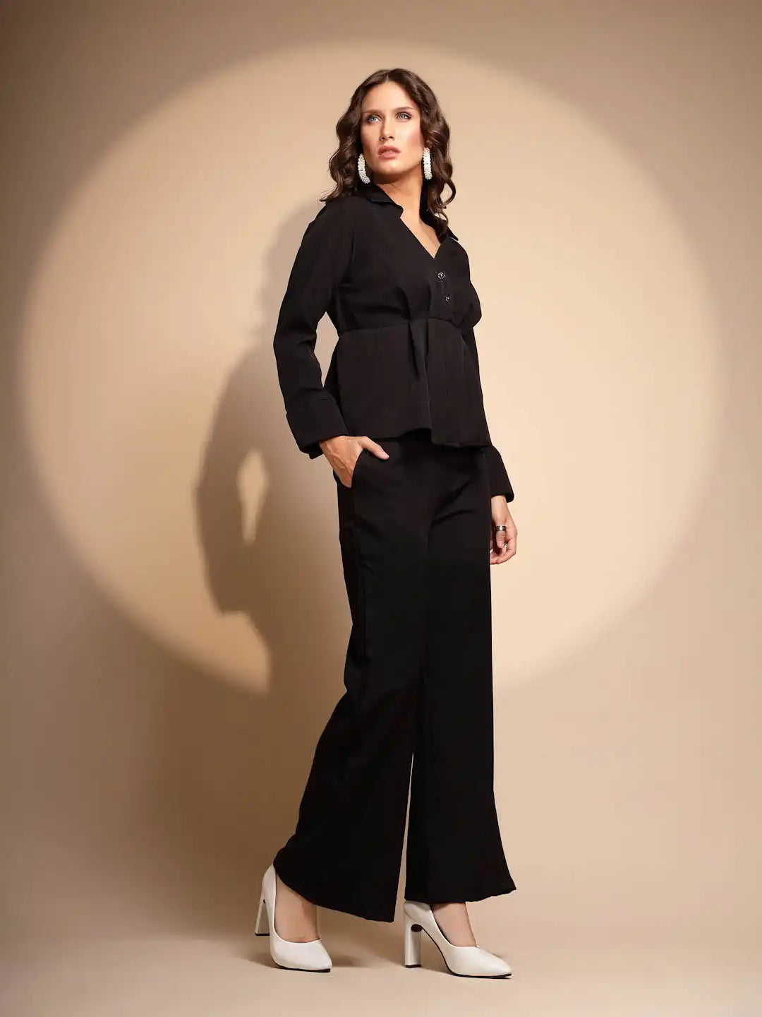 Women's Solid Collared Neck Black Co ord Set