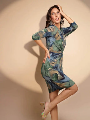 Women's Abstract Print V-Neck Multicolor Dress