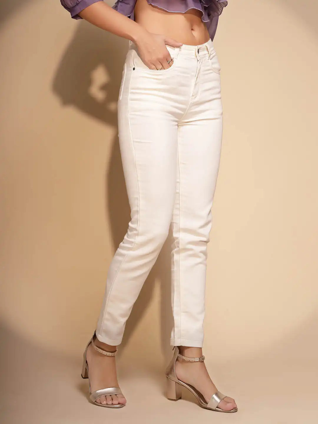 Women's Regular Fit Denim Low Rise White Jeans