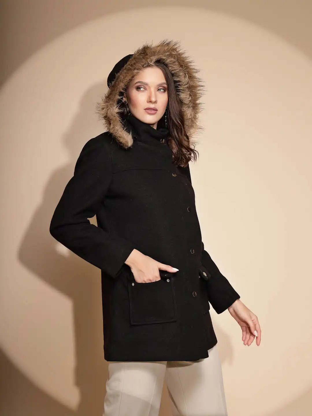 Women's Solid Hooded Black Coat