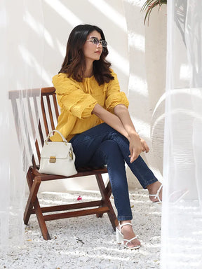 Mustard Dobby  Cotton Regular Fit Blouse