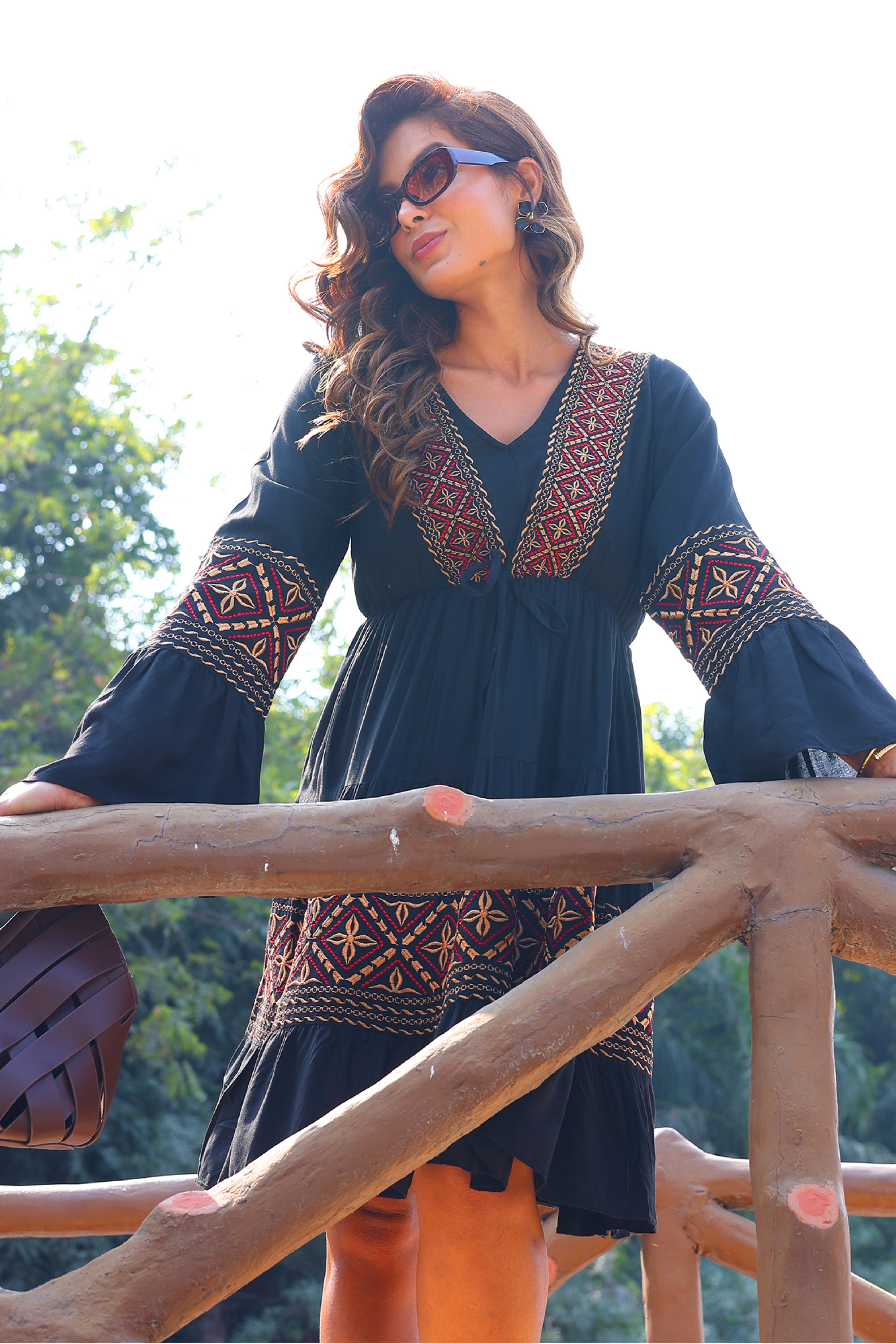 Black Rayon Embroidered Dress