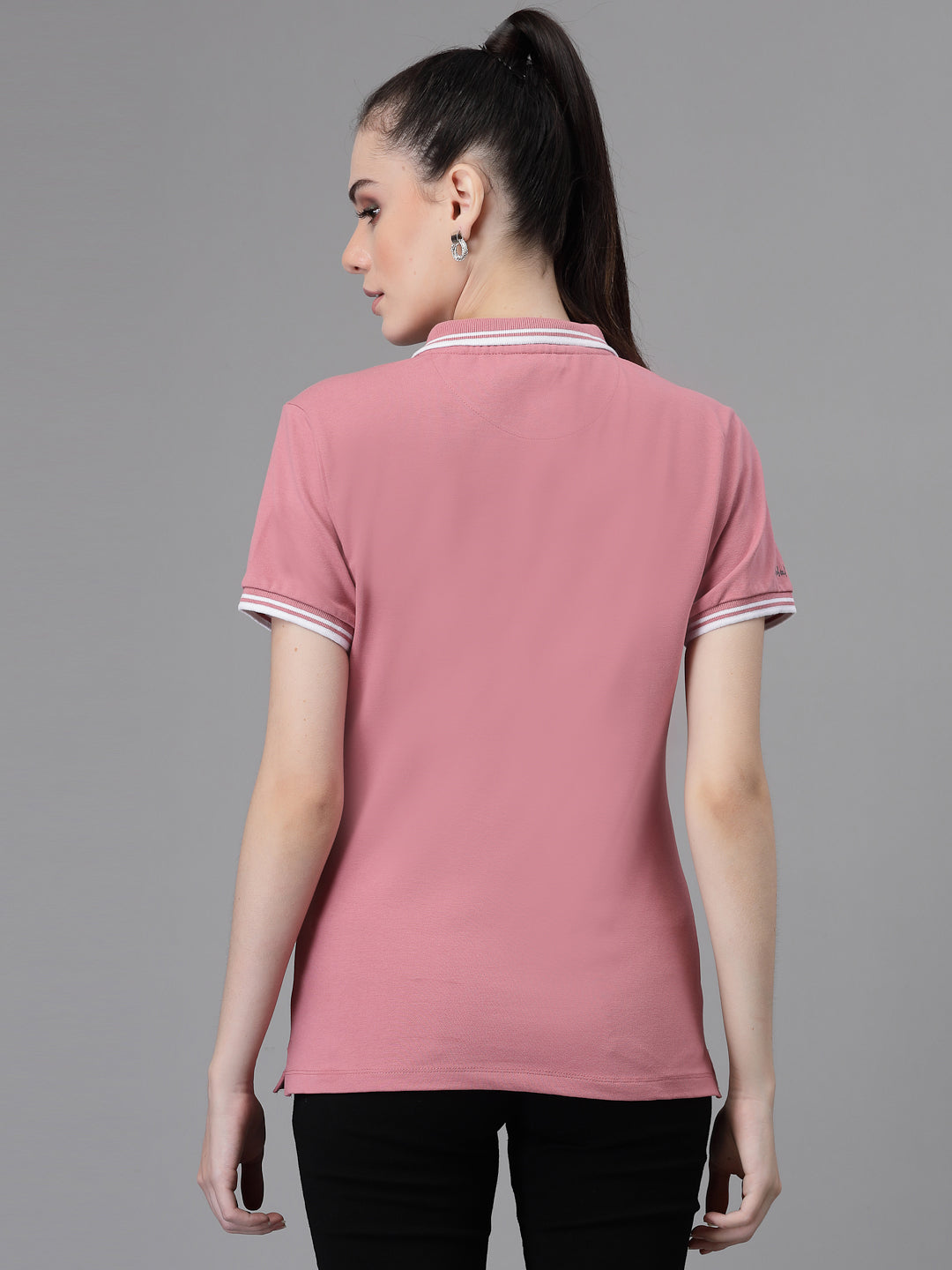 Women Regular Fit Polo Neck Dusty Pink T-Shirt