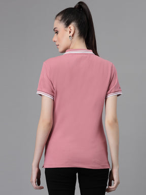 Women Regular Fit Polo Neck Dusty Pink T-Shirt