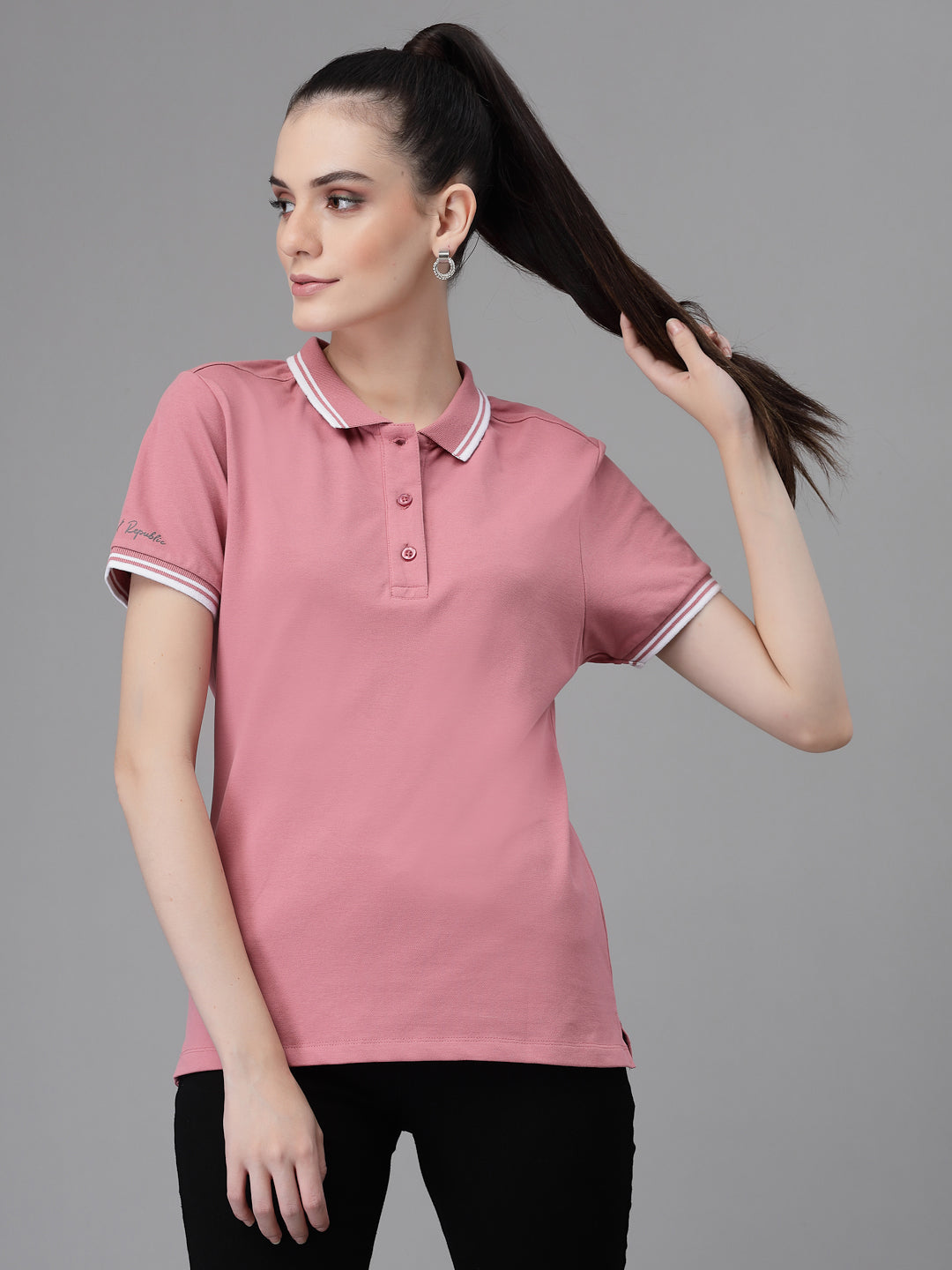 Women Regular Fit Polo Neck Dusty Pink T-Shirt