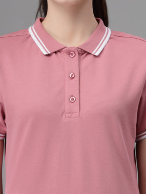 Women Regular Fit Polo Neck Dusty Pink T-Shirt
