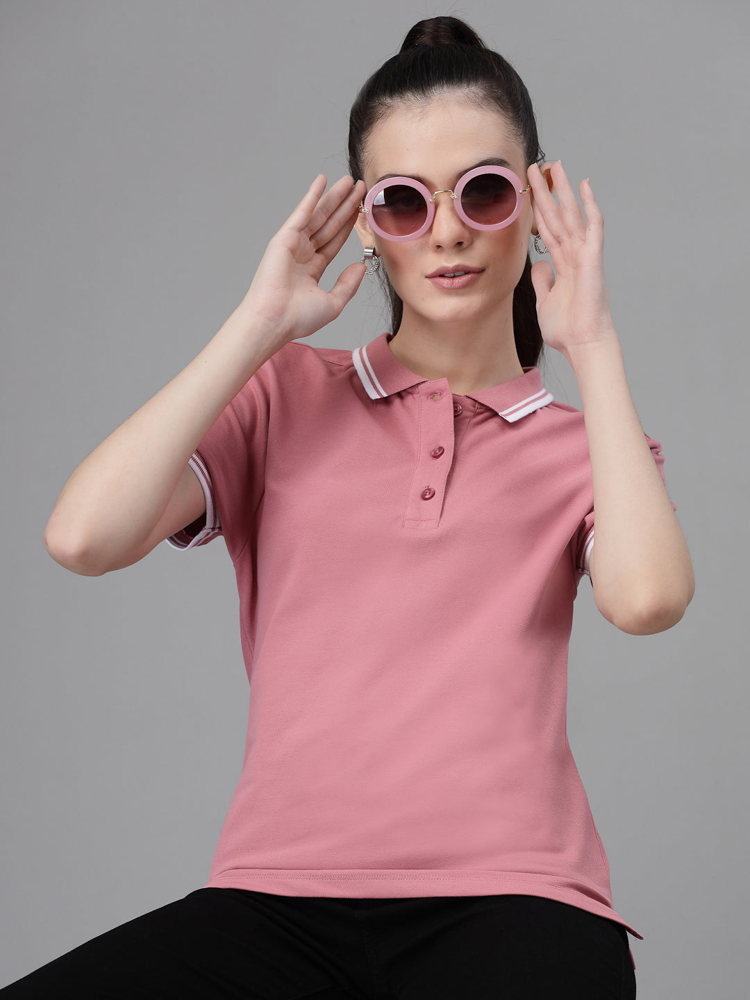 Women Regular Fit Polo Neck Dusty Pink T-Shirt