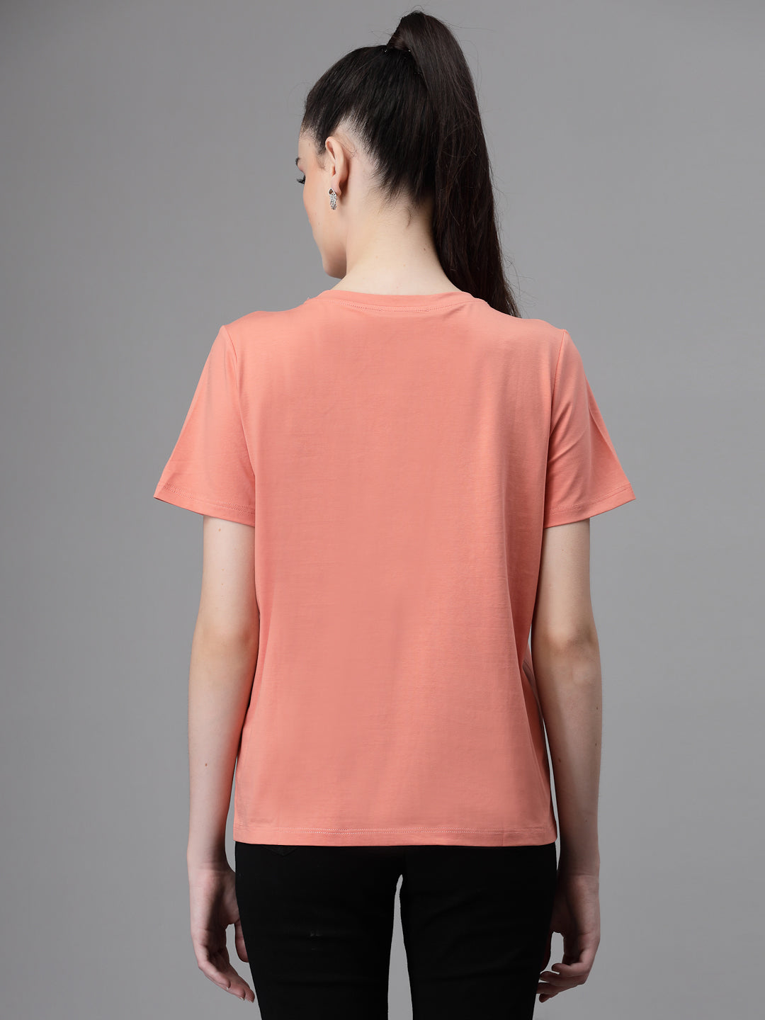 Women Regular Fit Round Neck Printed Peach T-Shirt