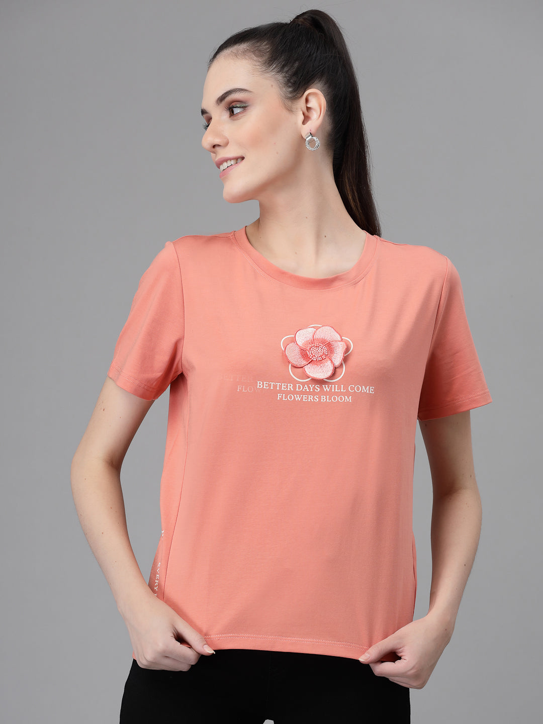 Women Regular Fit Round Neck Printed Peach T-Shirt