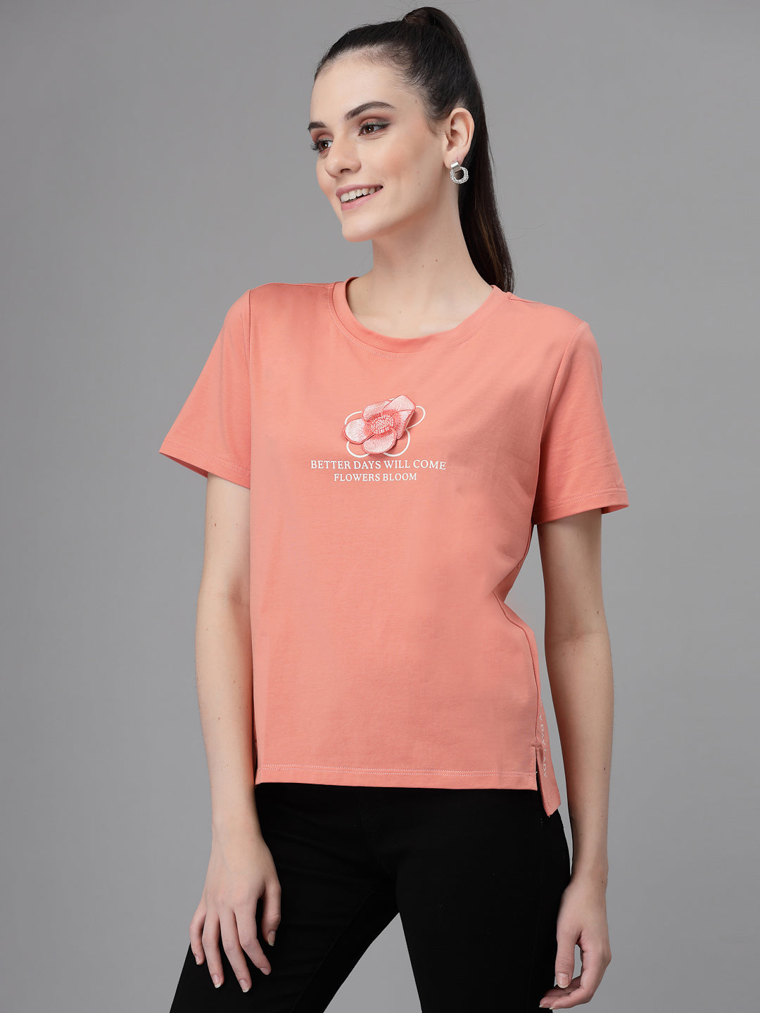 Women Regular Fit Round Neck Printed Peach T-Shirt