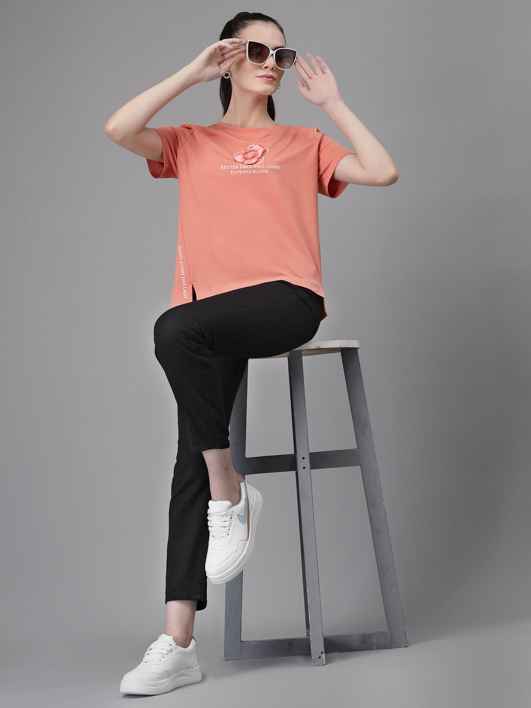 Women Regular Fit Round Neck Printed Peach T-Shirt