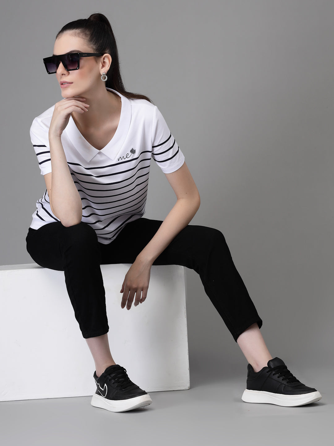 Women Collar Neck Printed White T-Shirt