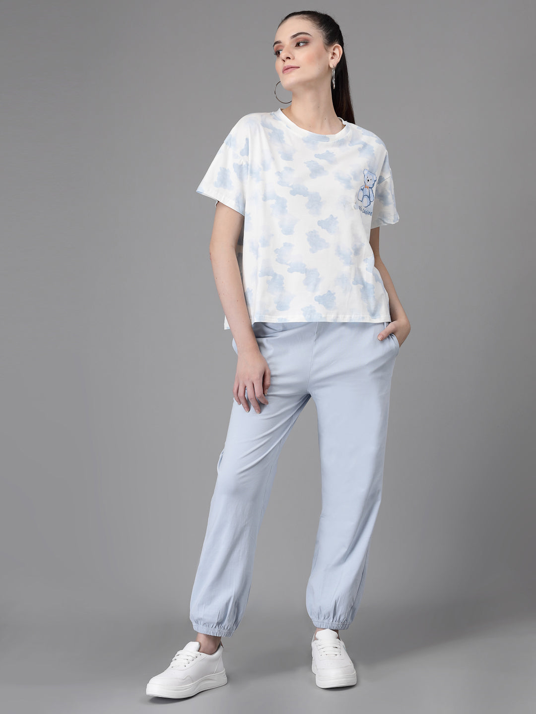 Women Grey Round Neck Loose Fit Printed Night Suit Set - Global Republic